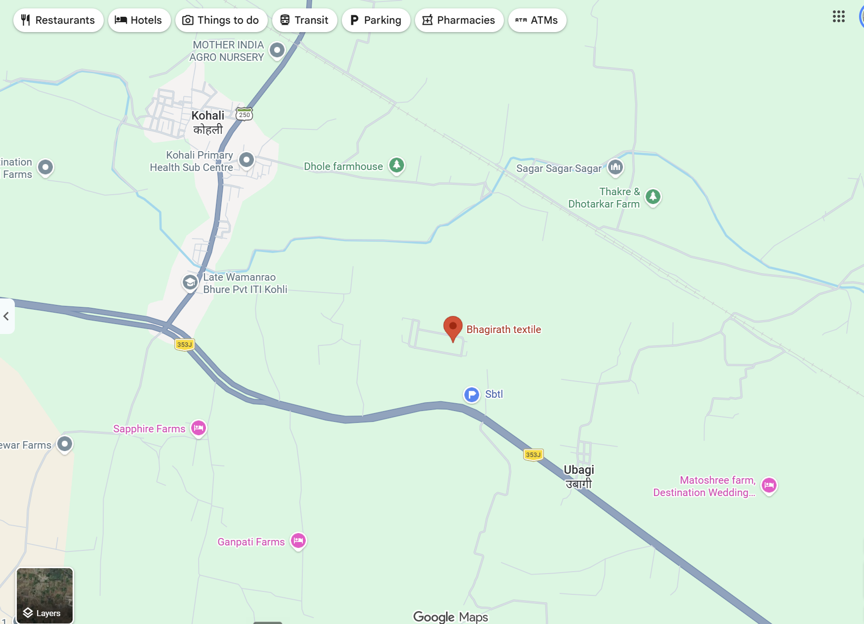 Map showing the Bhagirath Textiles factory near Kohali and Ubagi, beside road 353J