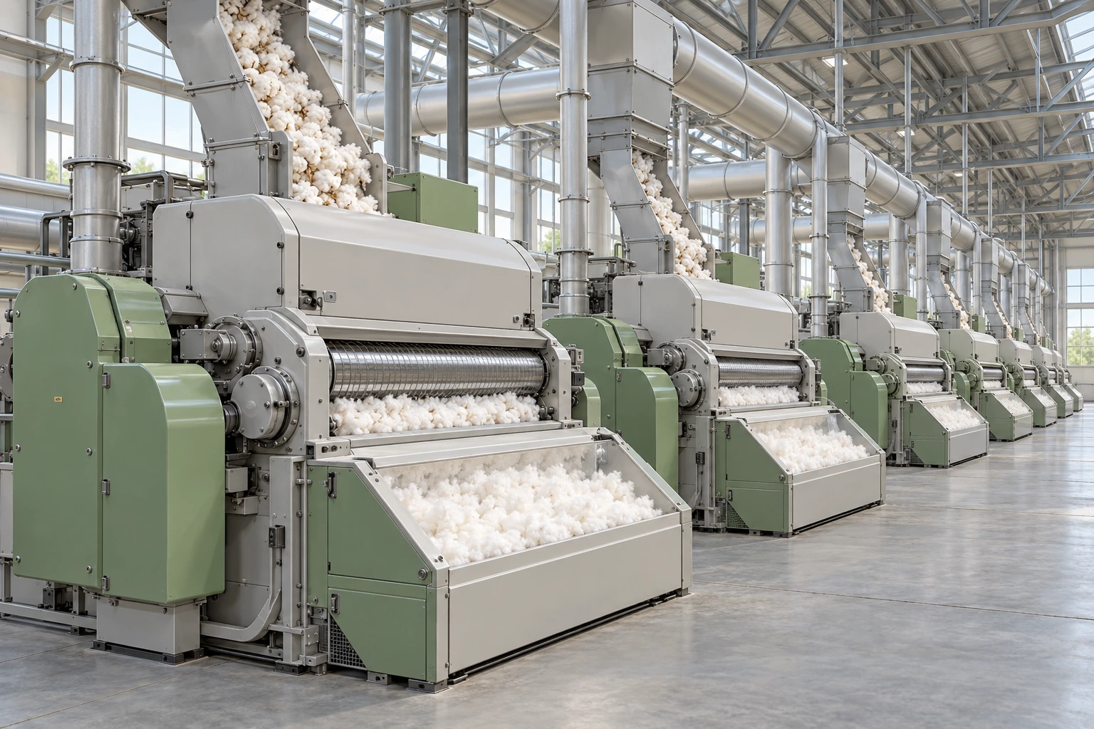 Illustration of cotton passing through ginning machines